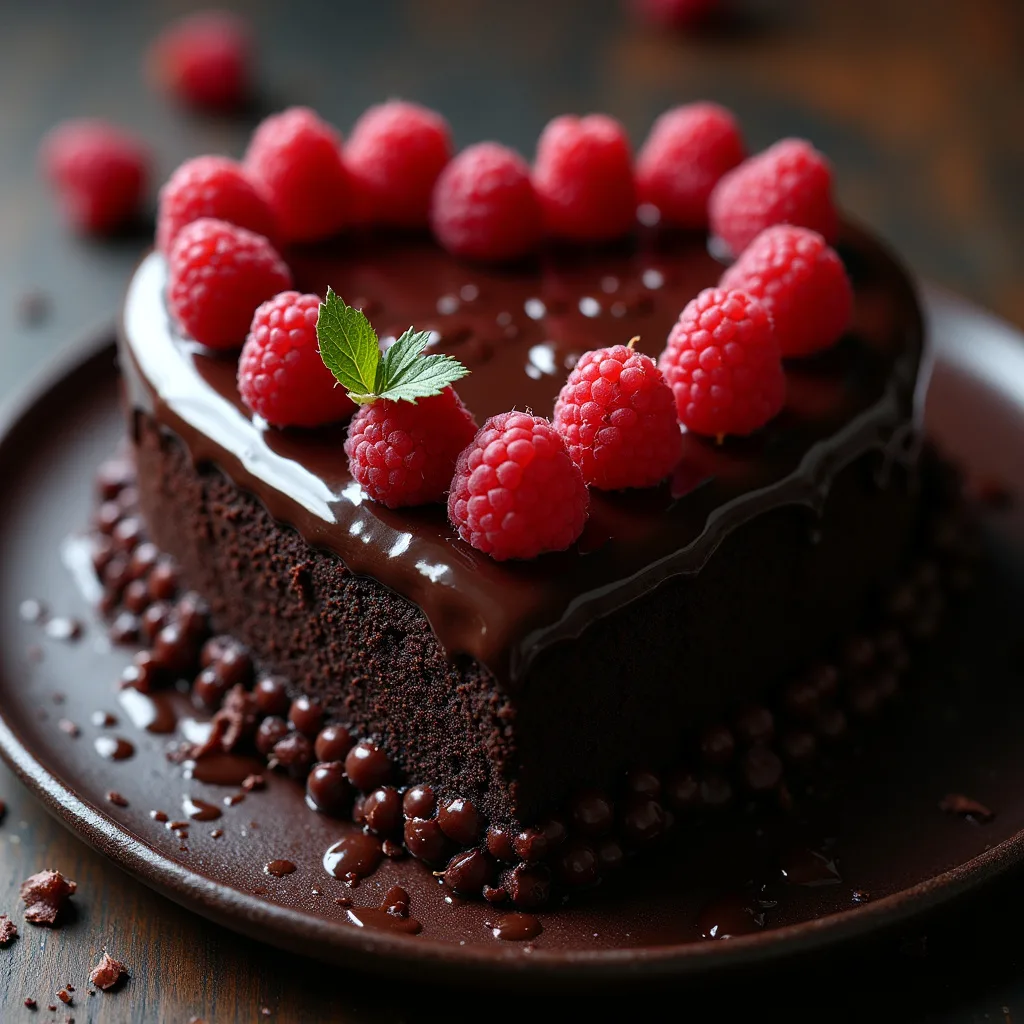 Tarta de chocolate y ajo negro con corazón de frambuesa
